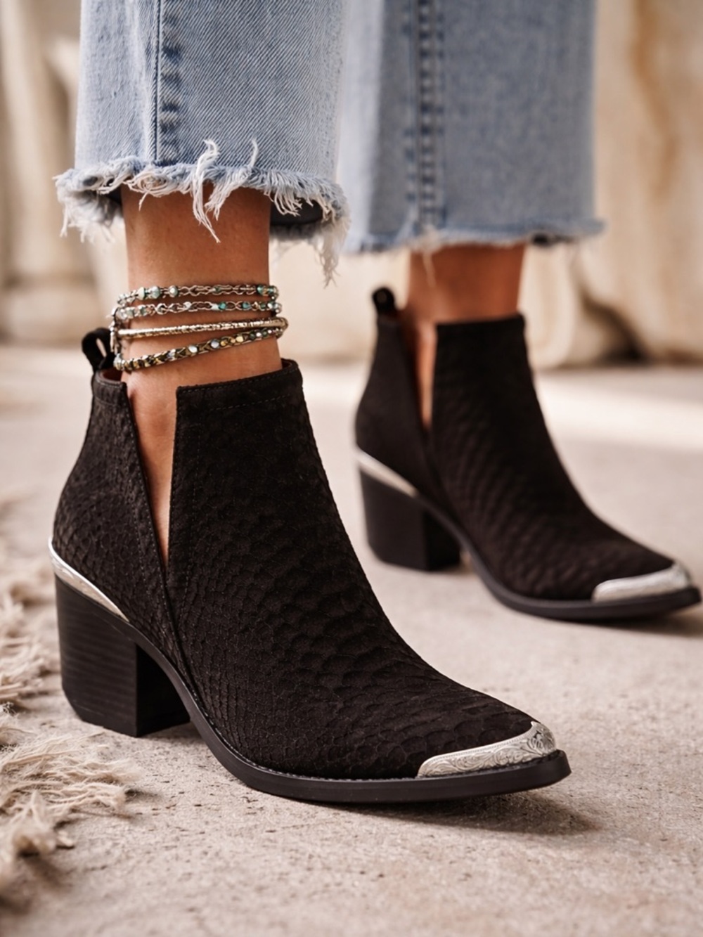 Jeffrey Campbell Snakeskin Embossed Leather Western Boots Metal Toe & Heel